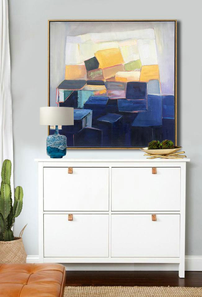 Extra Large Acrylic Painting On Canvas,Oversized Palette Knife Painting Contemporary Art On Canvas,Lounge Wall Decor,Dark Blue,Blue,White,Yellow,Purple.etc